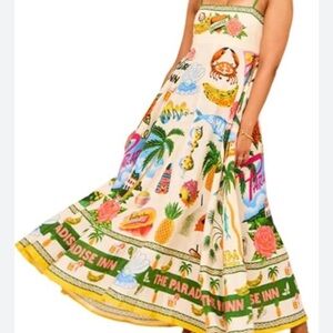 Tropical Cream Maxi Dress with Green Trim